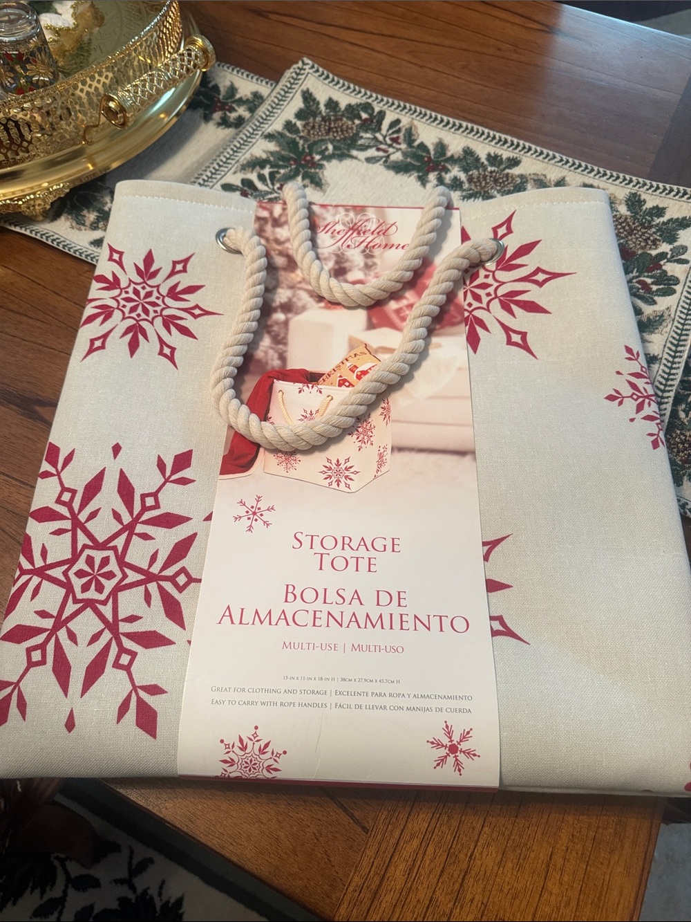 Sheffield Home Holiday Snowflake Storage Tote Geometric Cream & Red Tote